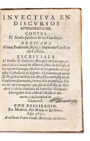 Marqués de Careaga, Gutierre (1588-1652) Invectiva en Discursos Apologéticos. Contra el Abuso de las Guedejas.